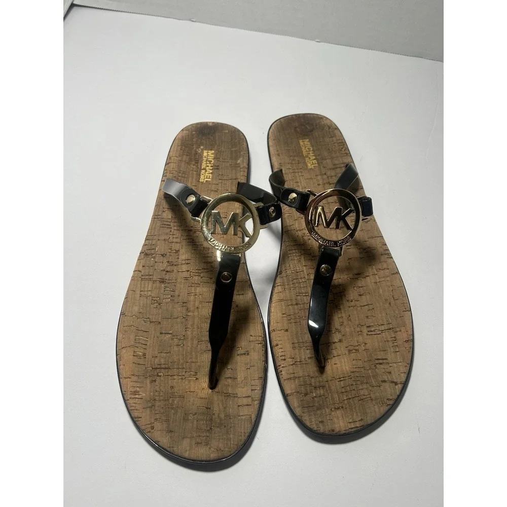 Michael‎ Kors Charm Jelly Women Thong Sandals Red Gold MK Logo Cork PVC Sz 10 M